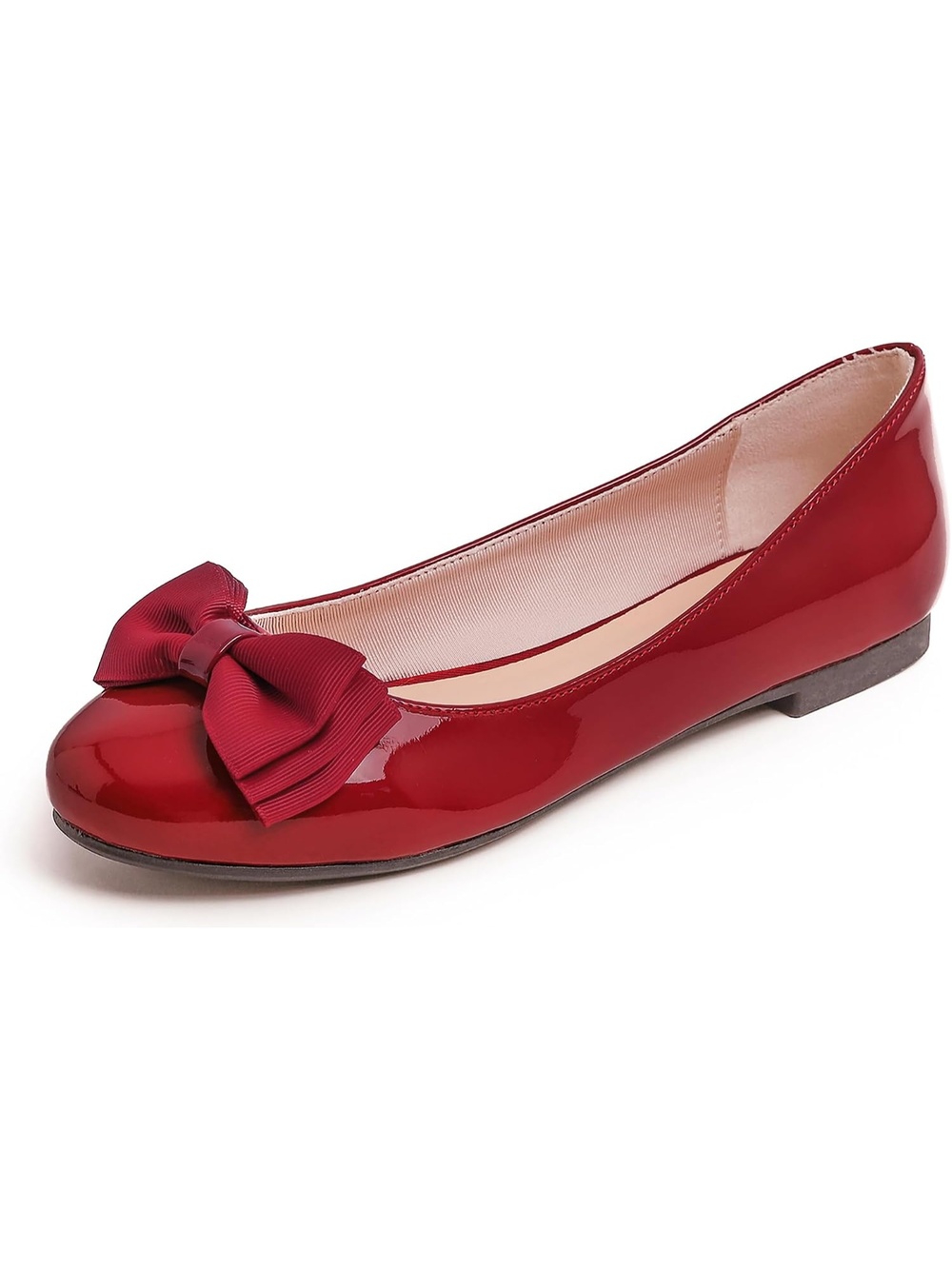 Women's Retro Red Patent Tri-bow Round Toe Cute Grosgrain Bow Trim Ballet Flat
